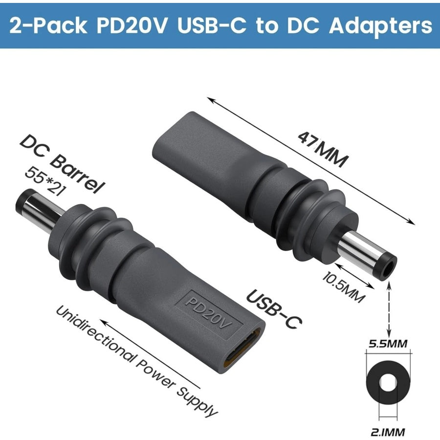 Starlink Mini DC Power Cable Adapter 2 Pack Female DC to USB C Male for Starlink Mini 20V Input Type C to DC 5.5 x 2.1mm Converter for Starlink Mini Power Cord Work with 100W PD Source (No Cable)