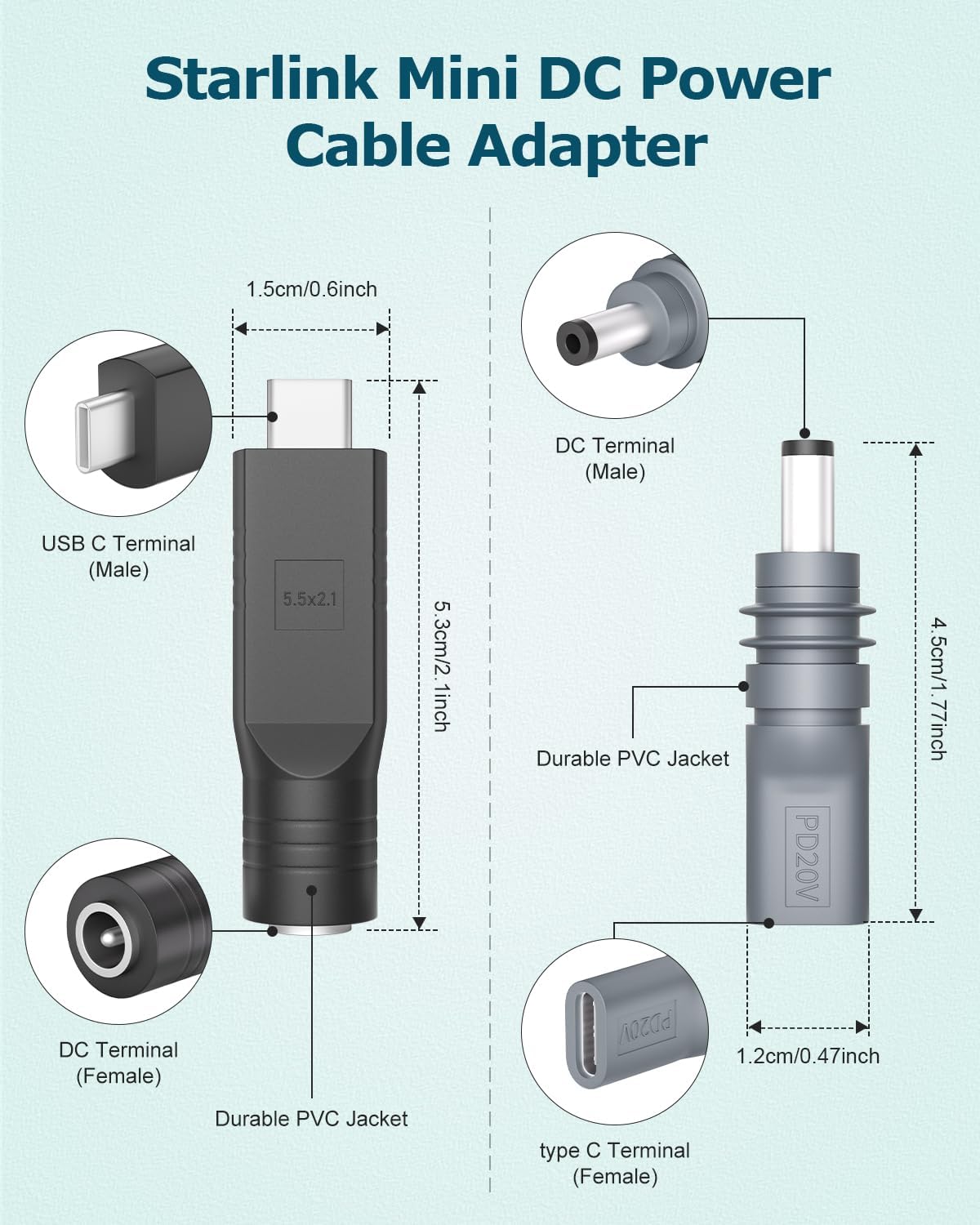 Starlink Mini DC Power Cable Adapter 2 Pack Female DC to USB C Male for Starlink Mini 20V Input Type C to DC 5.5 x 2.1mm Converter for Starlink Mini Power Cord Work with 100W PD Source (No Cable)